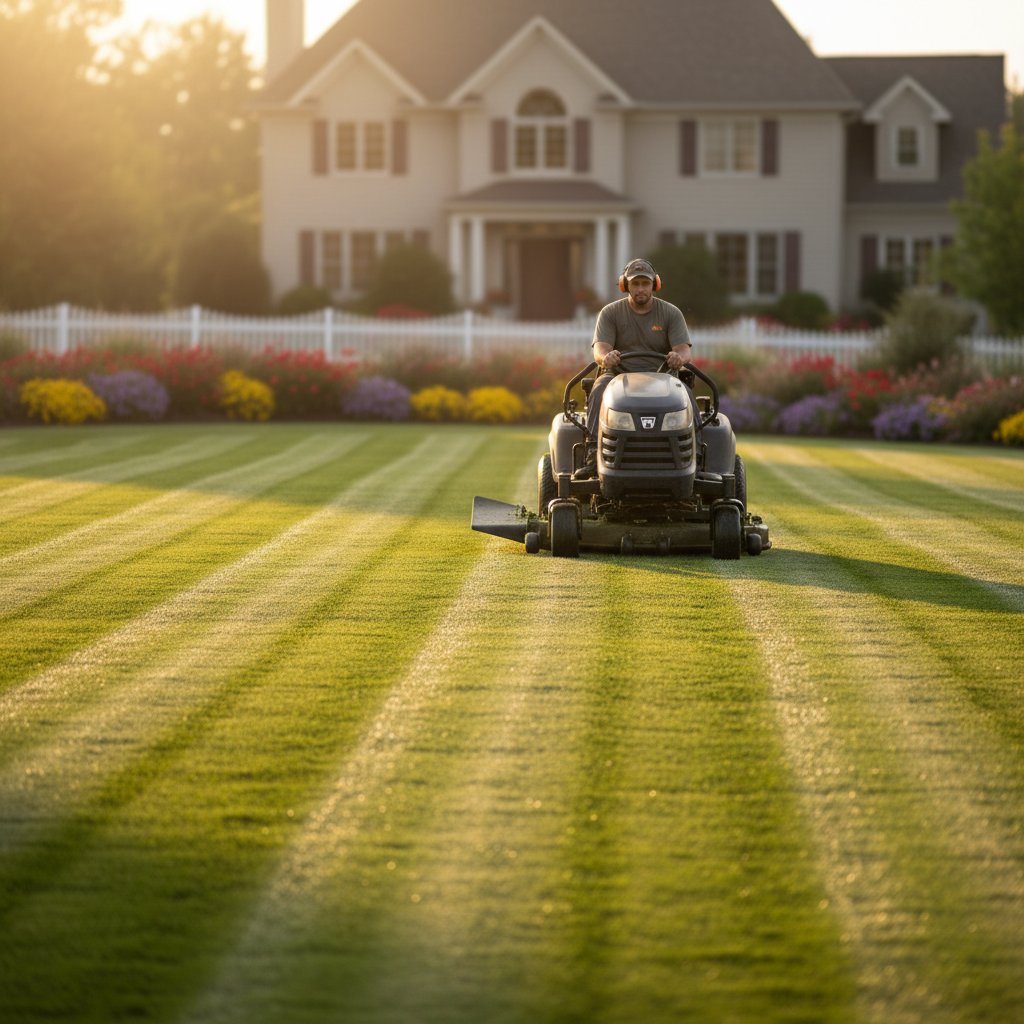 Professional lawn mowing service showing freshly cut grass with striped pattern in London garden